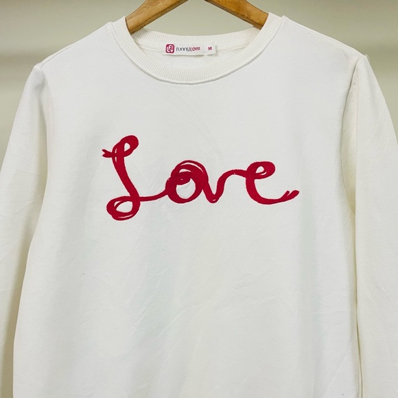 KOREAN WHITE LOVE TEXT EMBROIDERED SWEATSHIRT IN WHITE FOR WOMEN’S - Picture 3 of 5
